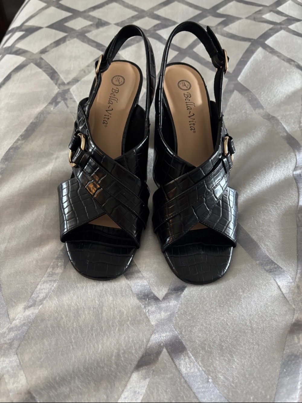 Bella Vita Black Croc-Embossed Crisscross Slingback Heels
